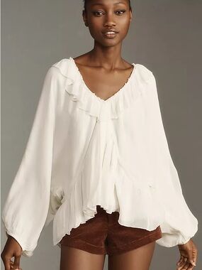 Anthropologie Cream/White Ruffled V-Neck Balloon Sleeve Top
